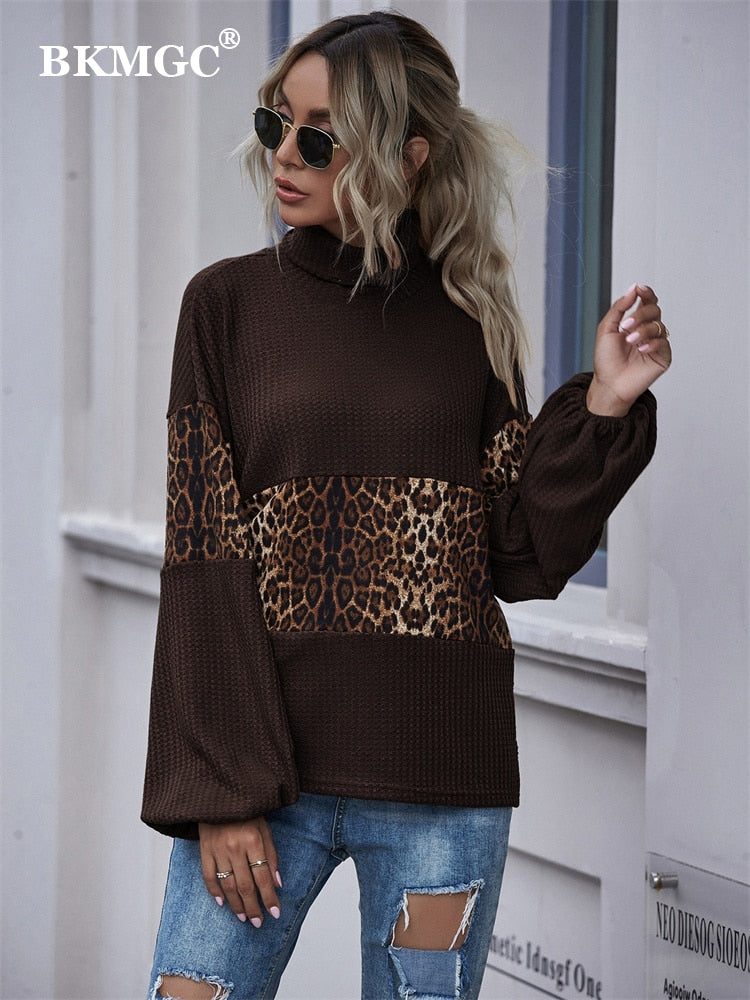 Dark Brown Coffee Leopard Print Patchwork Turtle Neck Flip Collar Autumn Sweatshirt