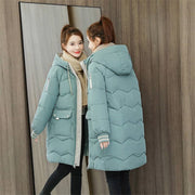 Oversized 4XL Hooded Mid-length Cotton Padded Coat Women Loose Warm Thicken Parka Fluffy Overcoat