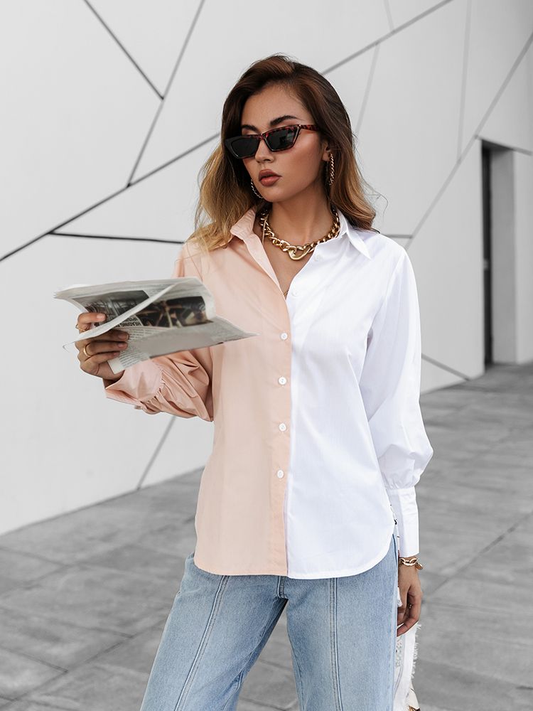 Simplee Autumn Color Block Casual Women Blouse Solid Cotton Lapel Collar Office Lady Shirt Full Lantern Sleeves