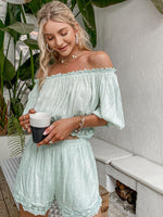 Load image into Gallery viewer, Simplee vintage solid women&#39;s short sets summer Lace puff sleeve off-shoulder sets
