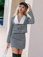 Load image into Gallery viewer, Simplee Office plaid doll collar blazer suits for women autumn Elegant checkered female suit with skirt Pocket two piece sets
