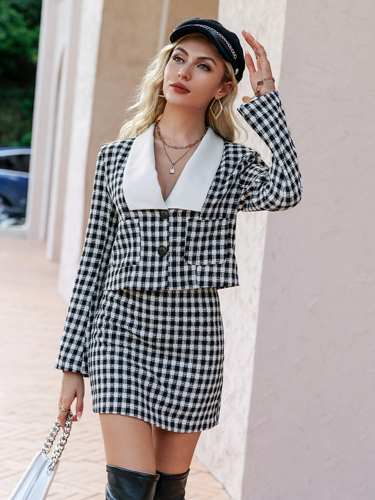 Simplee Office plaid doll collar blazer suits for women autumn Elegant checkered female suit with skirt Pocket two piece sets