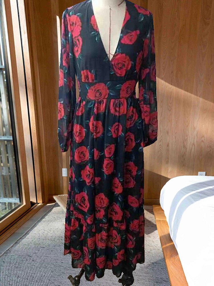 Floral Print Long Sleeve V Neck Casual Chiffon Maxi Dress
