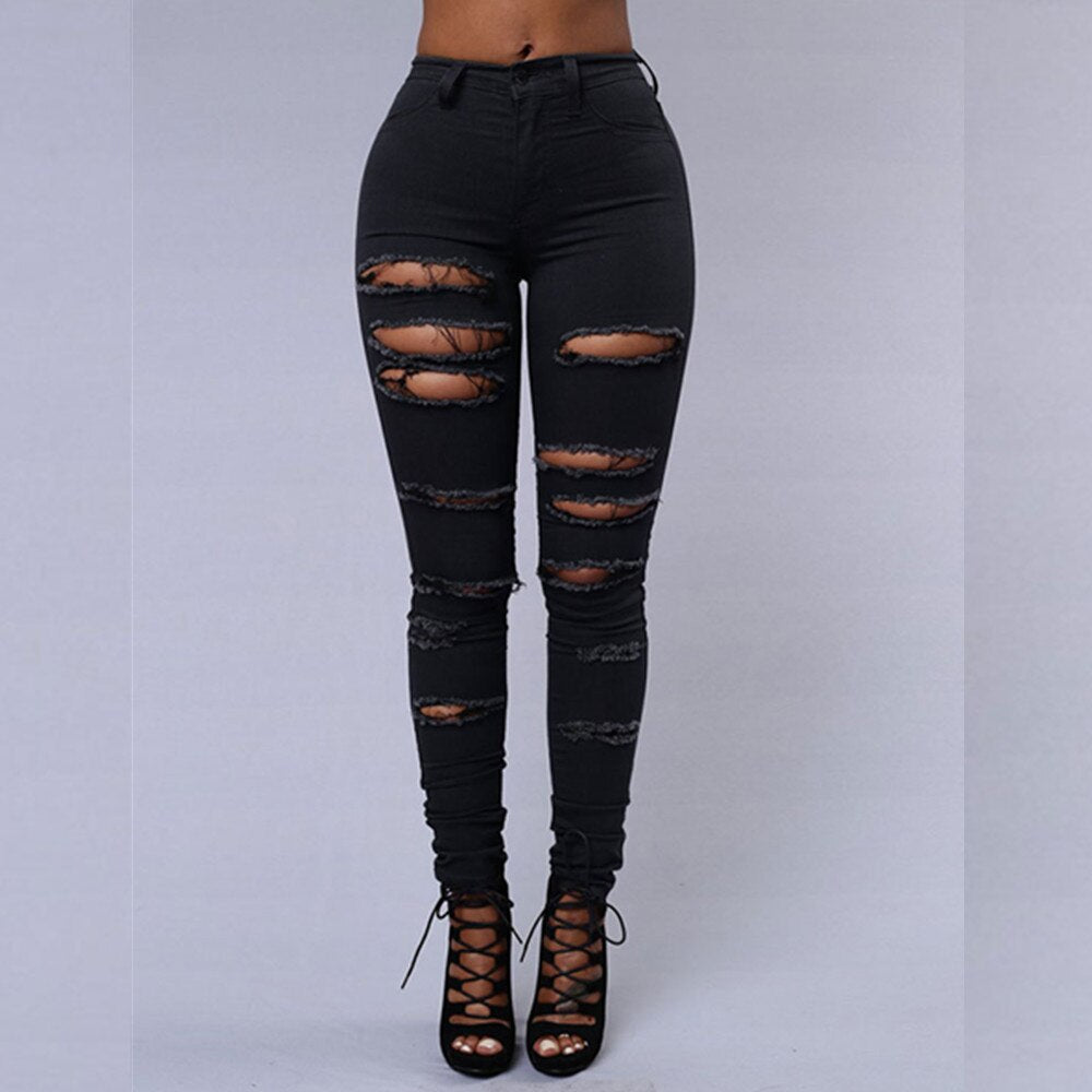 White Hole Ripped Jeans Hight Waist Skinny Bodycon Sexy Trousers Pencil Pants