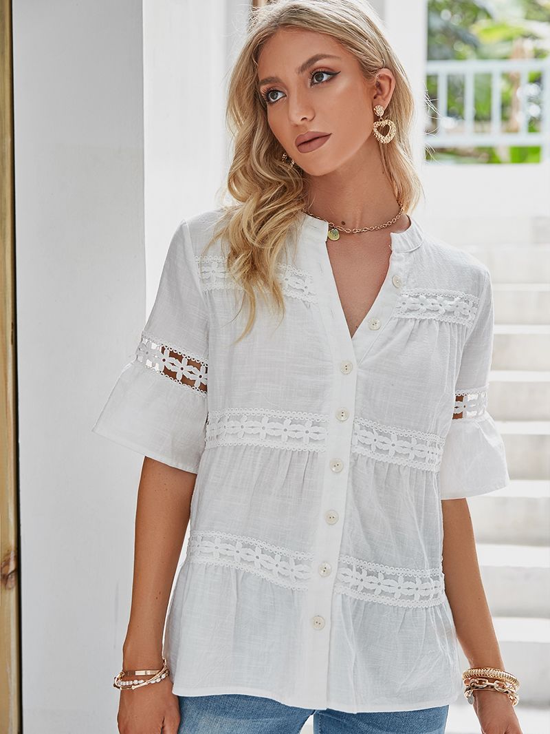 Simplee Holiday embroidery stitching women blouse summer Button V-neck half sleeve shirts female Solid beach style casual tops