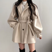 Women Solid Wool Blend Coat Slim Fit Belt Coats