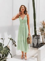 Load image into Gallery viewer, Simple Elegant sexy v-neck women lace dress summer Spaghetti strap hollow out ruffle cotton dresses Button beach lady midi dress
