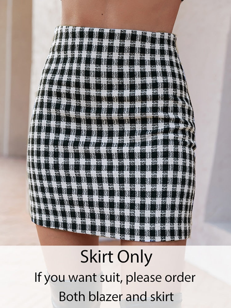 Simplee Office plaid doll collar blazer suits for women autumn Elegant checkered female suit with skirt Pocket two piece sets