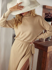 Simplee Office turtleneck long sleeves lace up knitted dress set women Elastic split long skirt two-piece set Elegant solid suit