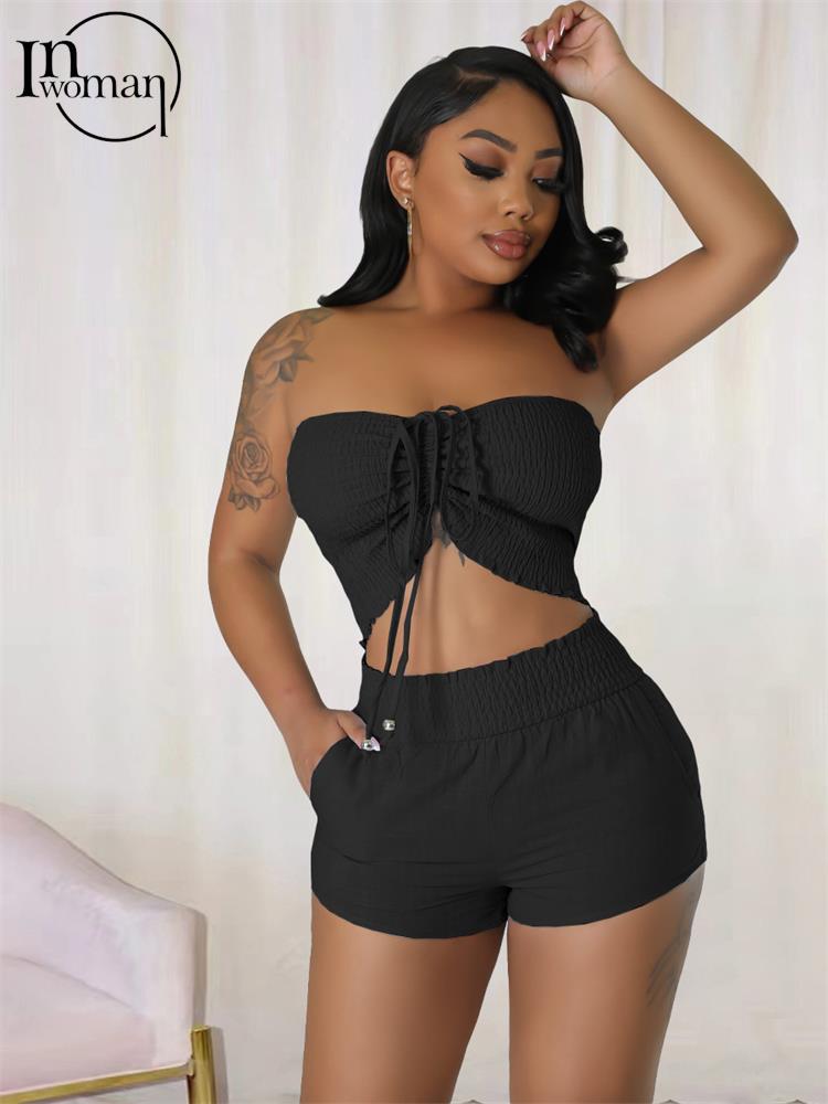 WLWXR Summer Sexy Black Solid Short Sets For Women Strapless Sleeveless Camis Top And Booty Short Pants Casual Party Set