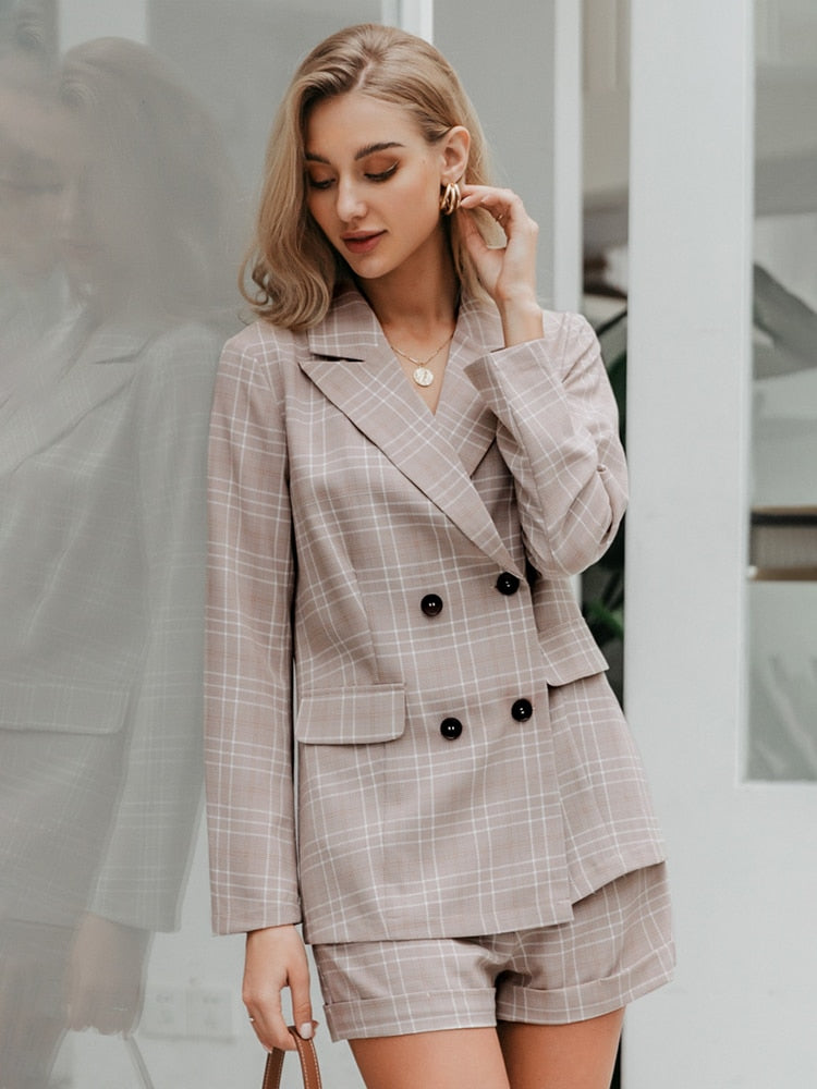 Simplee Two-piece blazer women suits Double breasted plaid casual female blazer