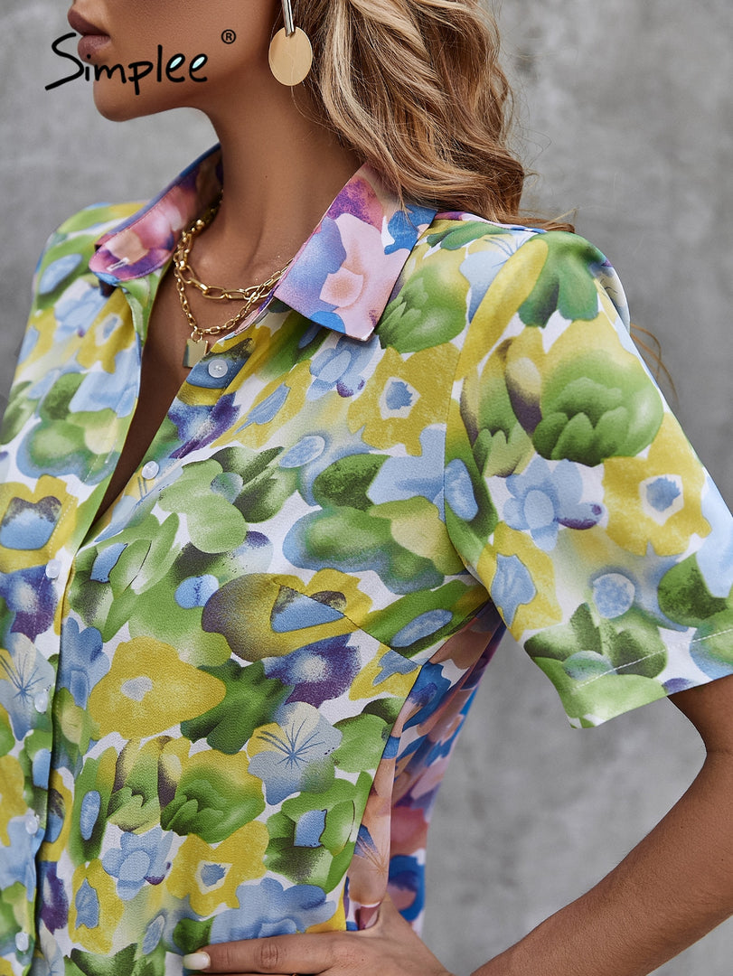 Simplee Floral holiday color block women summer blouse shirt
