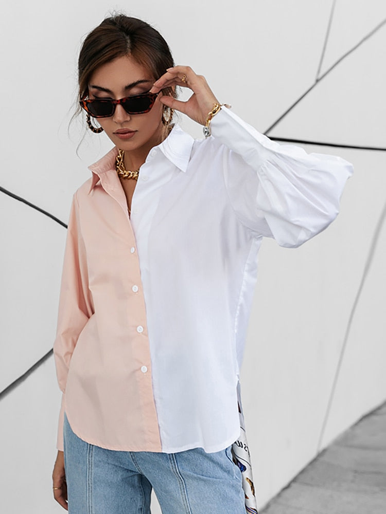 Simplee Autumn Color Block Casual Women Blouse Solid Cotton Lapel Collar Office Lady Shirt Full Lantern Sleeves