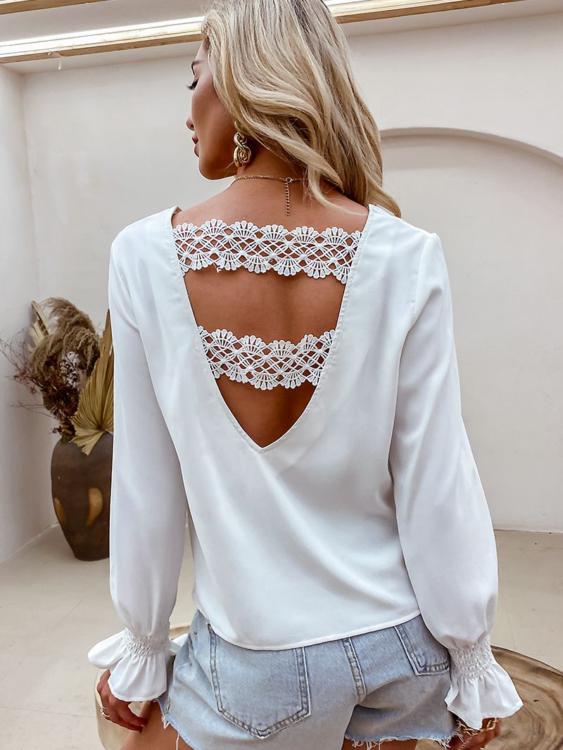 Simplee Elegant hollow out backless lace stitched chiffon blouses