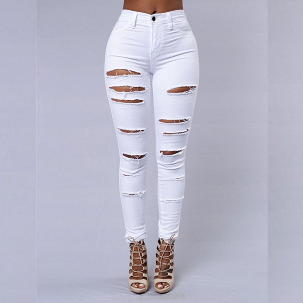 White Hole Ripped Jeans Hight Waist Skinny Bodycon Sexy Trousers Pencil Pants