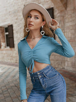 Load image into Gallery viewer, Simplee Sexy v-neck lace up long sleeves knitted crop top women blue Holiday slim shirring short tops Female solid lapel t-shirt
