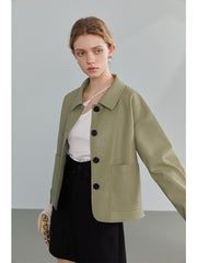 FSLE Polo Collar Full Drop Sleeve Leather Jacket Loose Short Straight Jacket Office Lady Solid Single Breasted Coats