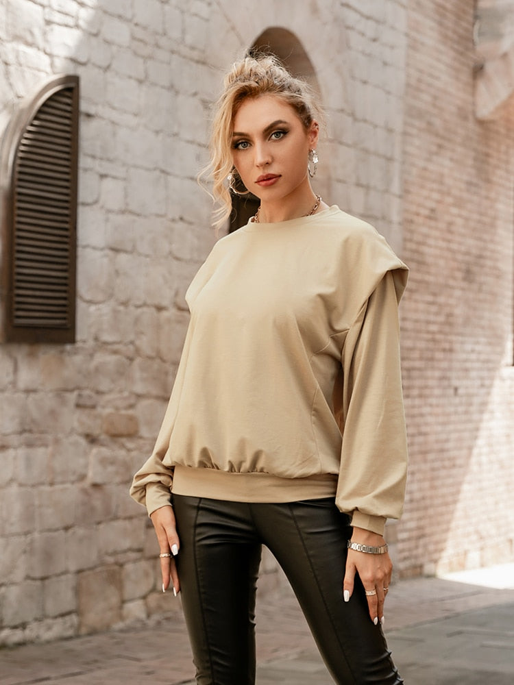 Simplee Autumn Solid O-neck Office Ladies Sweatshirt Khaki Off shoulder Women Pullover Full Regular Sleeves Female Sweatshirt