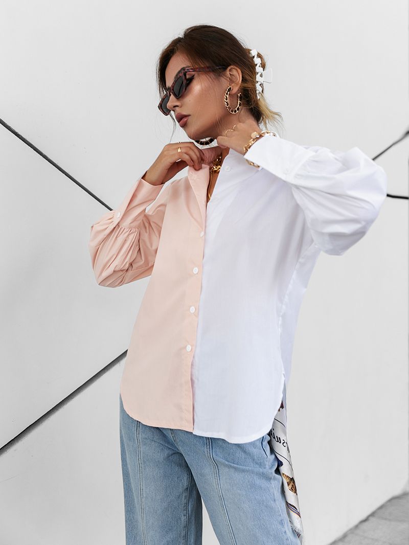 Simplee Autumn Color Block Casual Women Blouse Solid Cotton Lapel Collar Office Lady Shirt Full Lantern Sleeves