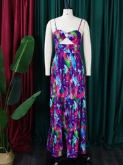 Abstract Print O-Ring Cutout Spaghetti Strap Cami Maxi Summer Dress Women