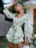 Load image into Gallery viewer, Simplee Holiday sash long sleeve ruffle print romper summer women Lace up floral short
