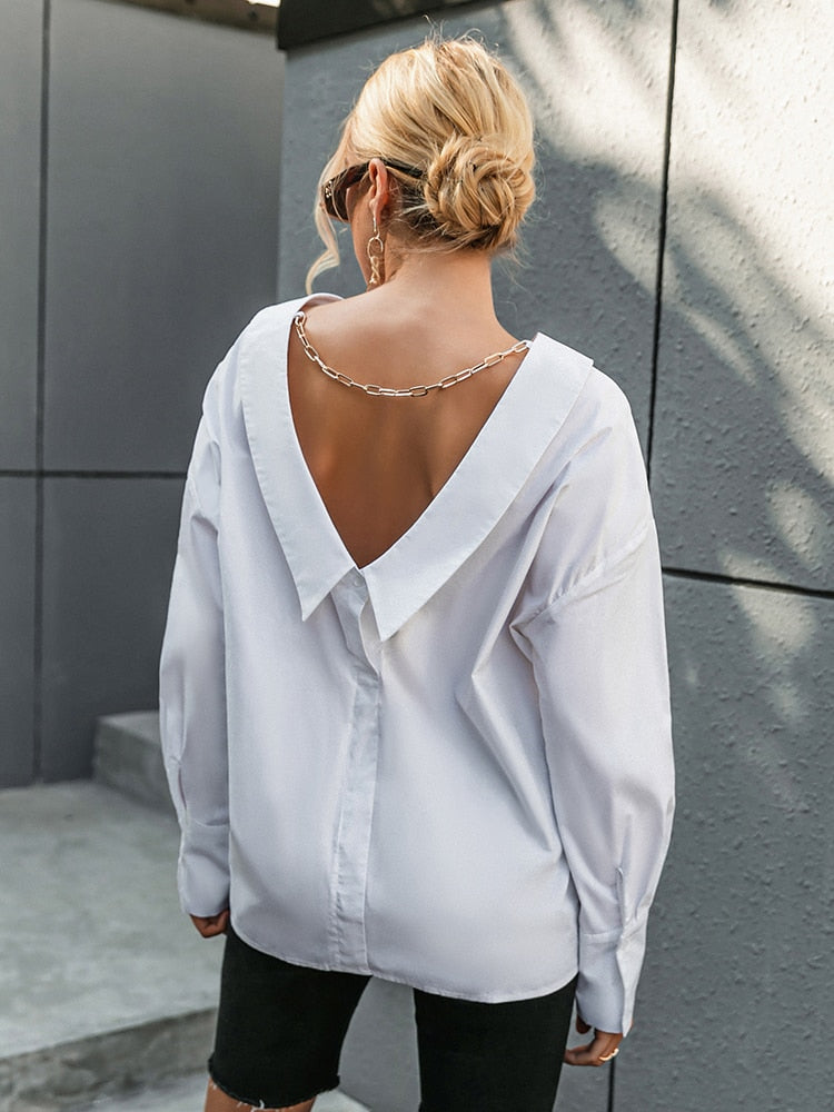 Simplee V neck white Backless chain women blouse shirts