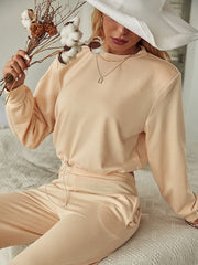 Simplee O-neck long sleeves short top long pants set Elastic shoulder pads pocket two pieces sets Female solid loose tracksuit