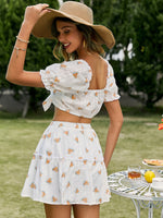 Load image into Gallery viewer, Simplee White floral knot summer women dress sets Hollow out puff sleeve crop top
