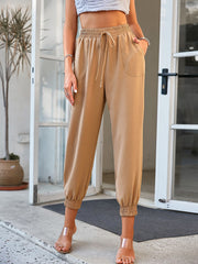 Simplee Causal pocket elastic waist women pants camel  Spring high waist lace up sport pants capris  Fashion straight trousers