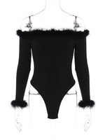 Load image into Gallery viewer, Hugcitar Feather Slash Neck Long Sleeve Solid Elegant Sexy Bodycon Bodysuit
