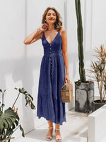 Load image into Gallery viewer, Simple Elegant sexy v-neck women lace dress summer Spaghetti strap hollow out ruffle cotton dresses Button beach lady midi dress
