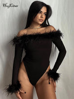Load image into Gallery viewer, Hugcitar Feather Slash Neck Long Sleeve Solid Elegant Sexy Bodycon Bodysuit
