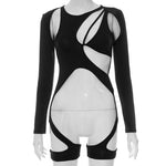 Load image into Gallery viewer, Women Long Sleeve Sexy Bodysuit Top Patchwork Bodycon Club Party Tie Up Body Outfit jumpsuit Basic Black Overalls Casual suits
