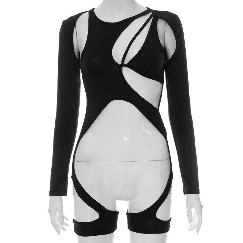 Women Long Sleeve Sexy Bodysuit Top Patchwork Bodycon Club Party Tie Up Body Outfit jumpsuit Basic Black Overalls Casual suits