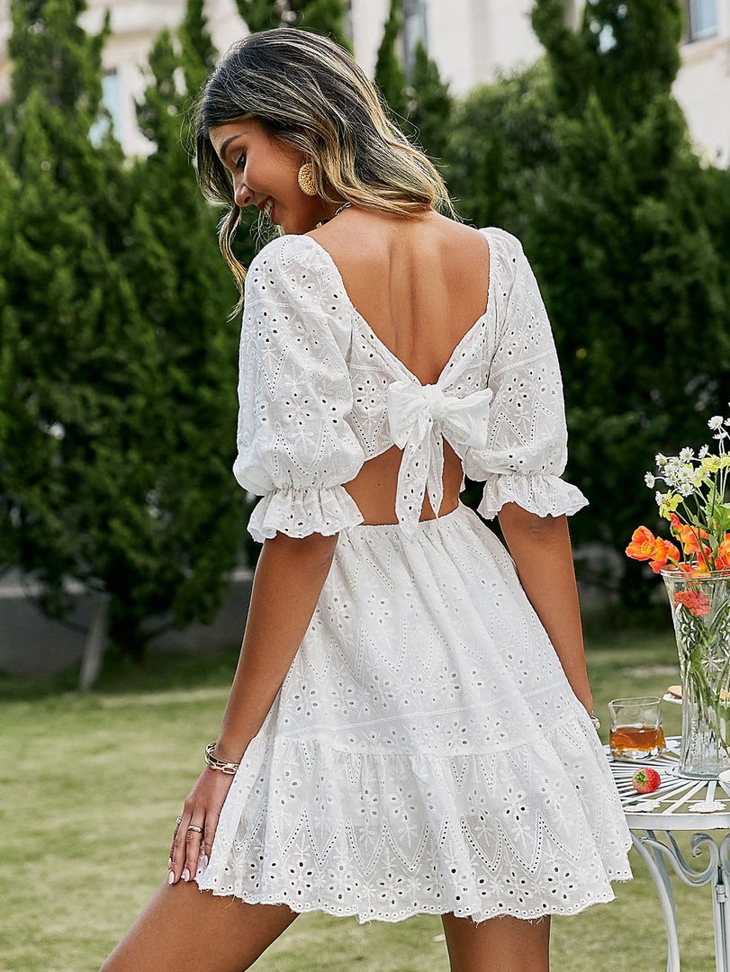 Simplee Lace up hollow out knot summer white dress
