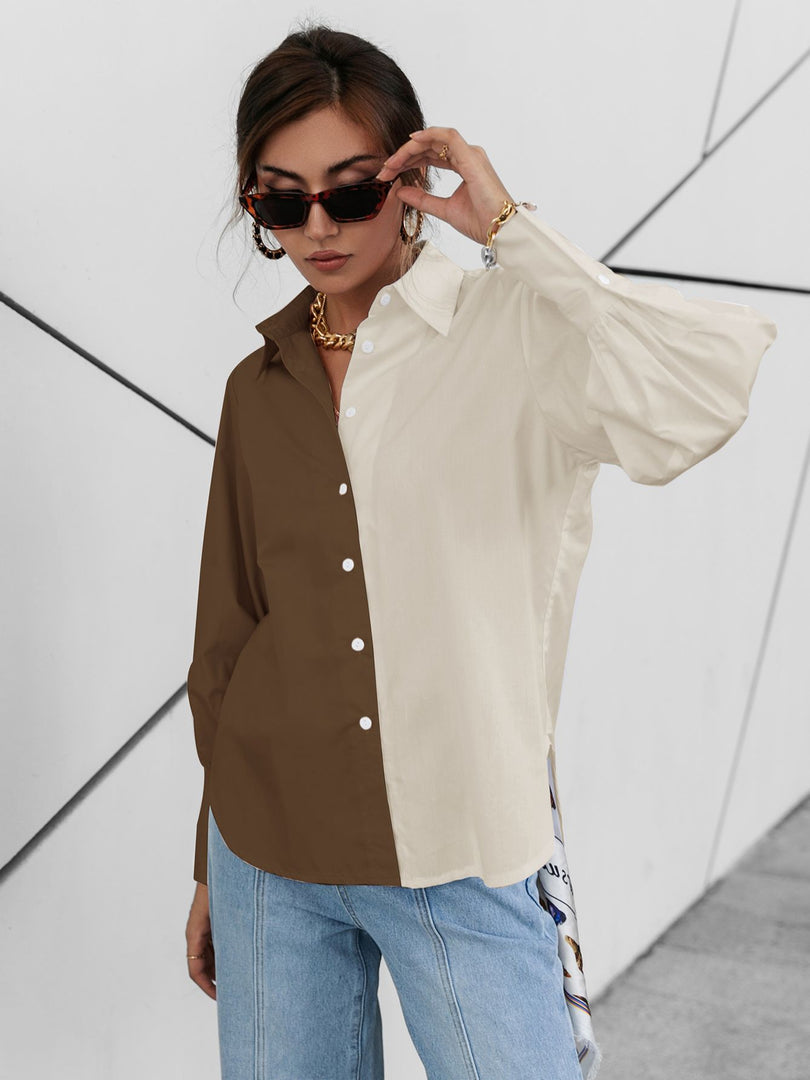 Simplee Autumn Color Block Casual Women Blouse Solid Cotton Lapel Collar Office Lady Shirt Full Lantern Sleeves