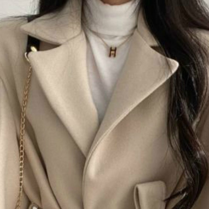 Women Solid Wool Blend Coat Slim Fit Belt Coats