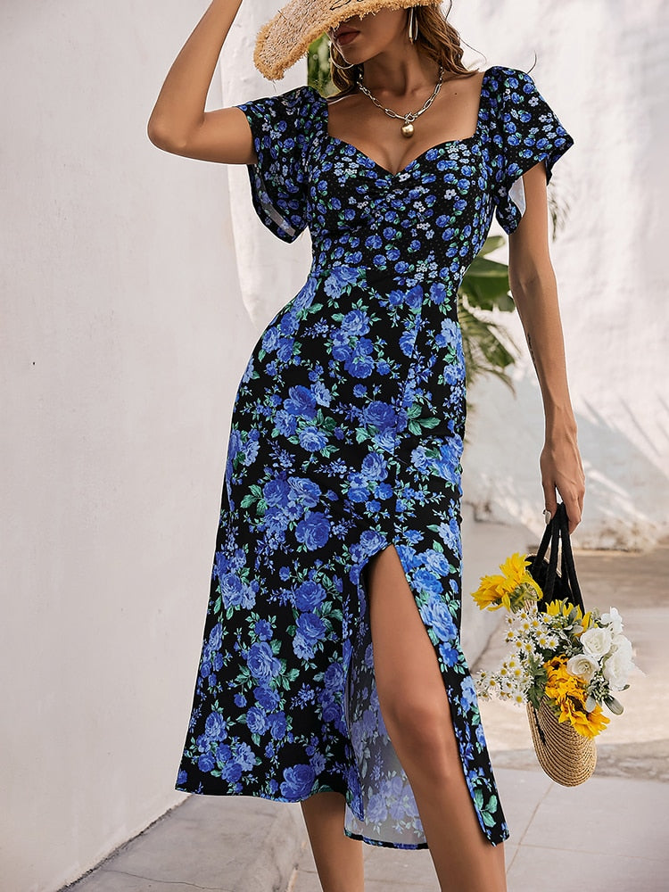 Simplee V-neck puff sleeves slash neck print summer dress women blue Elastic buttons corset floral dresses Holiday split vestido