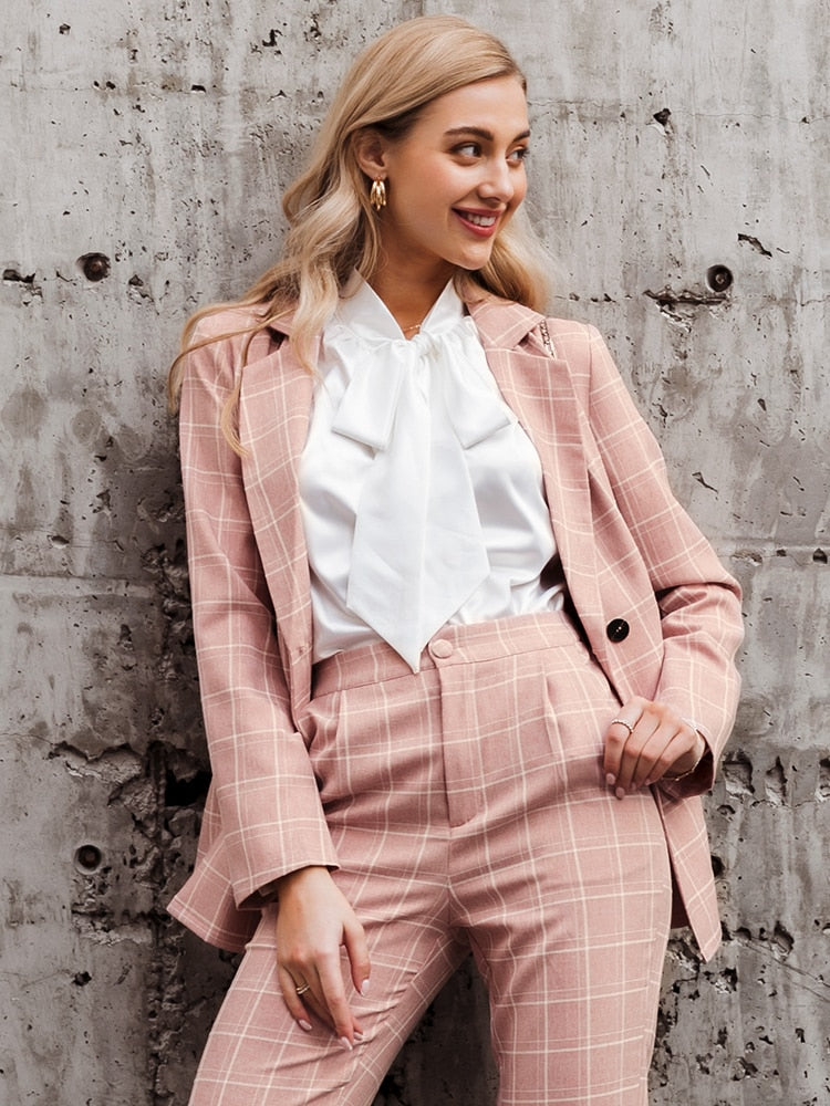 Simplee Two-piece blazer women suits Double breasted plaid casual female blazer